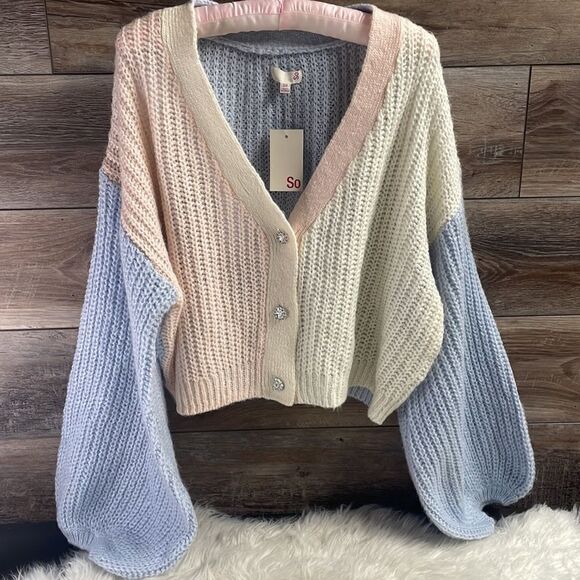 SO ColorBlock Cardigan, Soft Embrace, Size 2X, Blue, White &Pink Multicolor,NWT - Picture 1 of 7